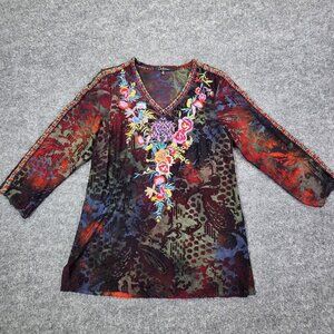 Caleaas Tunic Womens Small Multicolor Boho Burnout Velvet Floral Embroidered Top